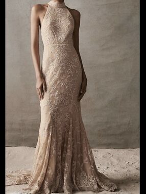 BHLDN Daisy Lace Halter Open Back Wedding Gown Champagne 10 NWT PRICE DROP